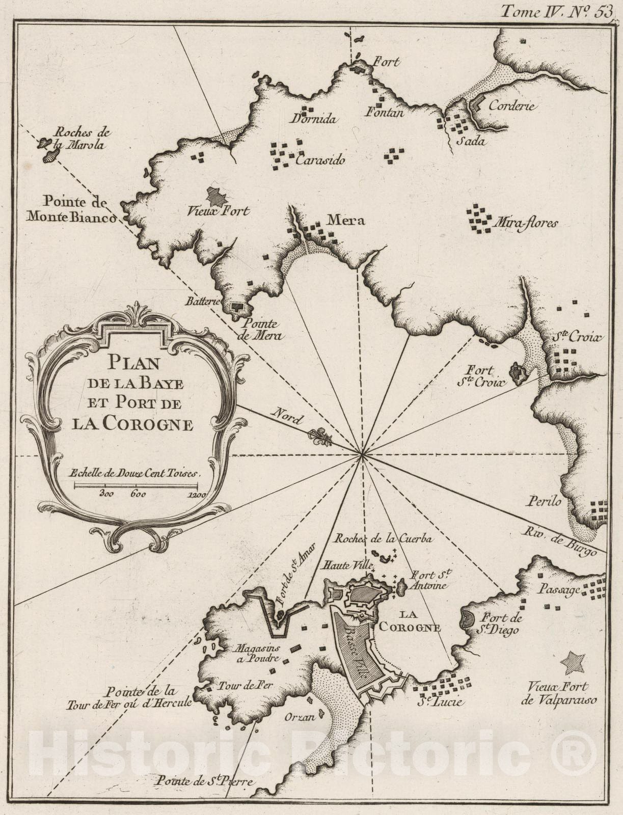 Historic Map : Spain, , Europe 1764 Plan de la Baye et Port de La Corogne , Vintage Wall Art