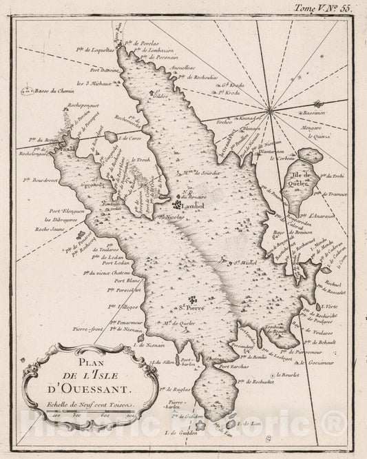 Historic Map : France, Ouessant , France 1764 Plan de I'Isle d'Ouessant. , Vintage Wall Art