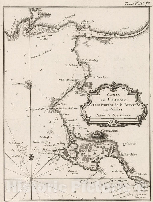 Historic Map : France , Croisic France, Bretagne 1764 Carte du Croisic, et des entries de la riviere La-Vilaine. , Vintage Wall Art