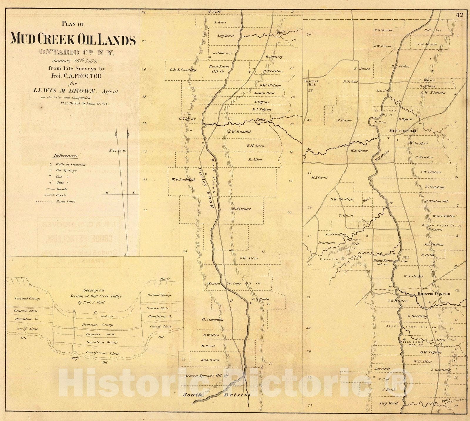 Historic Map : 1865 Mud Creek oil lands. - Vintage Wall Art