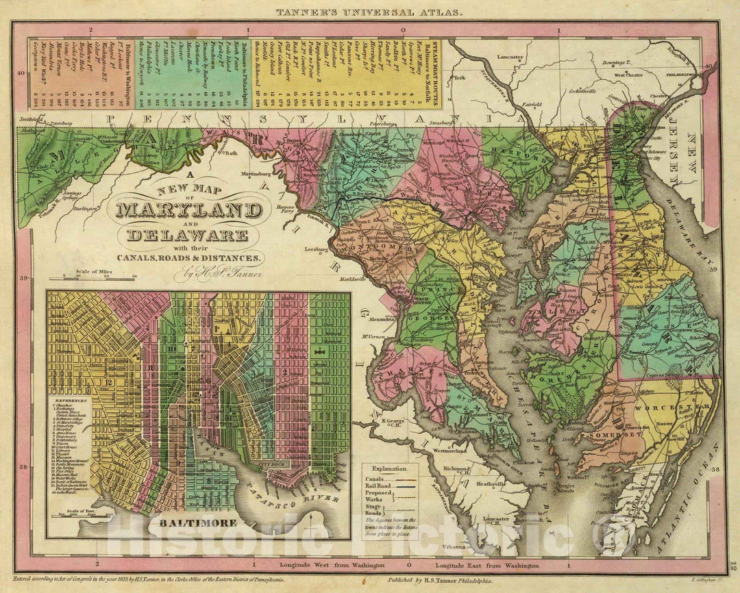 Historic Map : 1836 New Map Of Maryland and Delaware. - Vintage Wall Art
