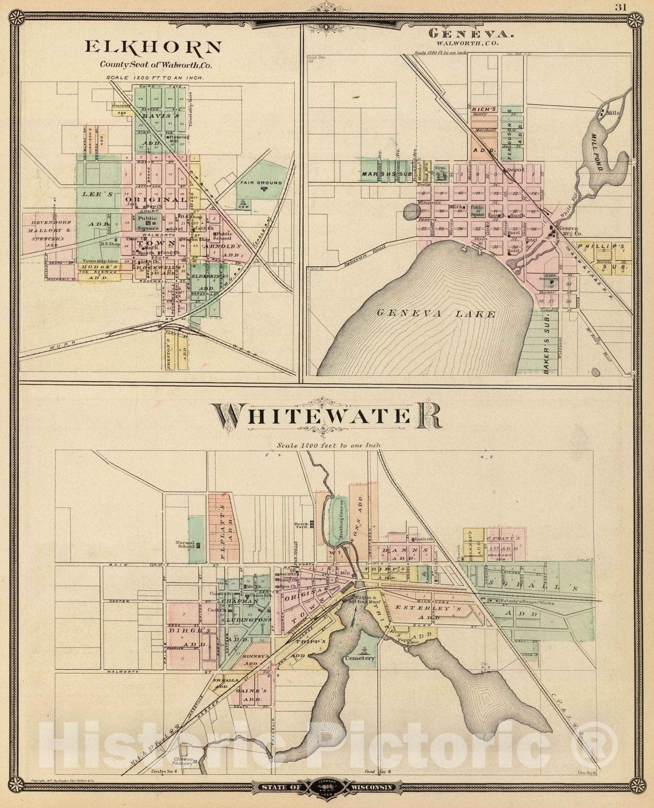 Historic Map : 1878 Whitewater, Elkhorn and Geneva. - Vintage Wall Art