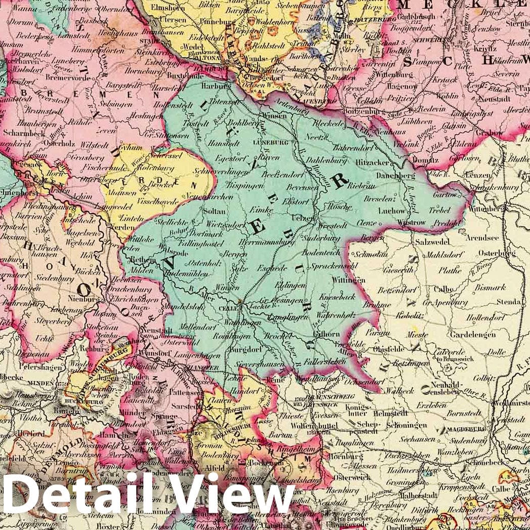 Germany with Hamburg and Bremen - 1856 Historical Map Print