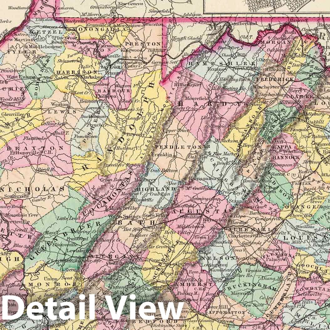 Virginia - Physical Map, 1856 - Historical Map Print