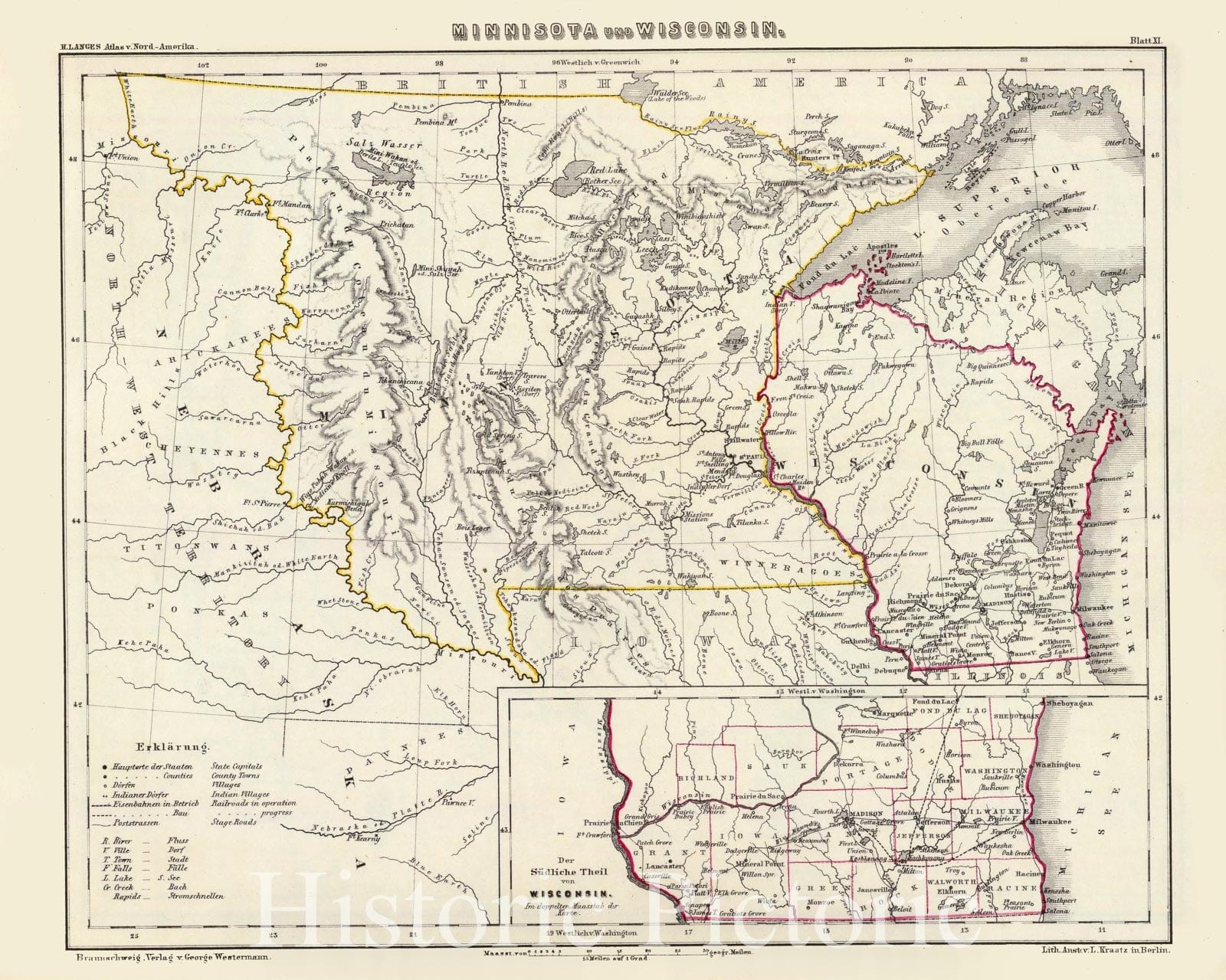 Minnesota and Wisconsin - Railroad Map, 1854 - Historical Map Print