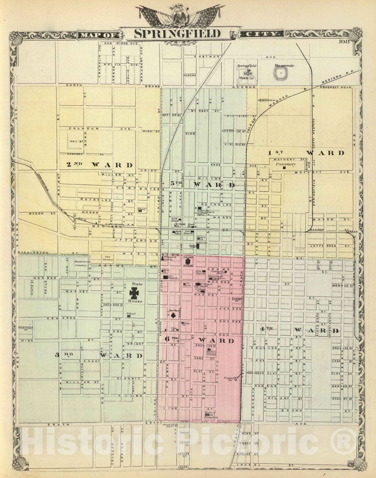 Historic Map : 1876 Map of Springfield City. - Vintage Wall Art