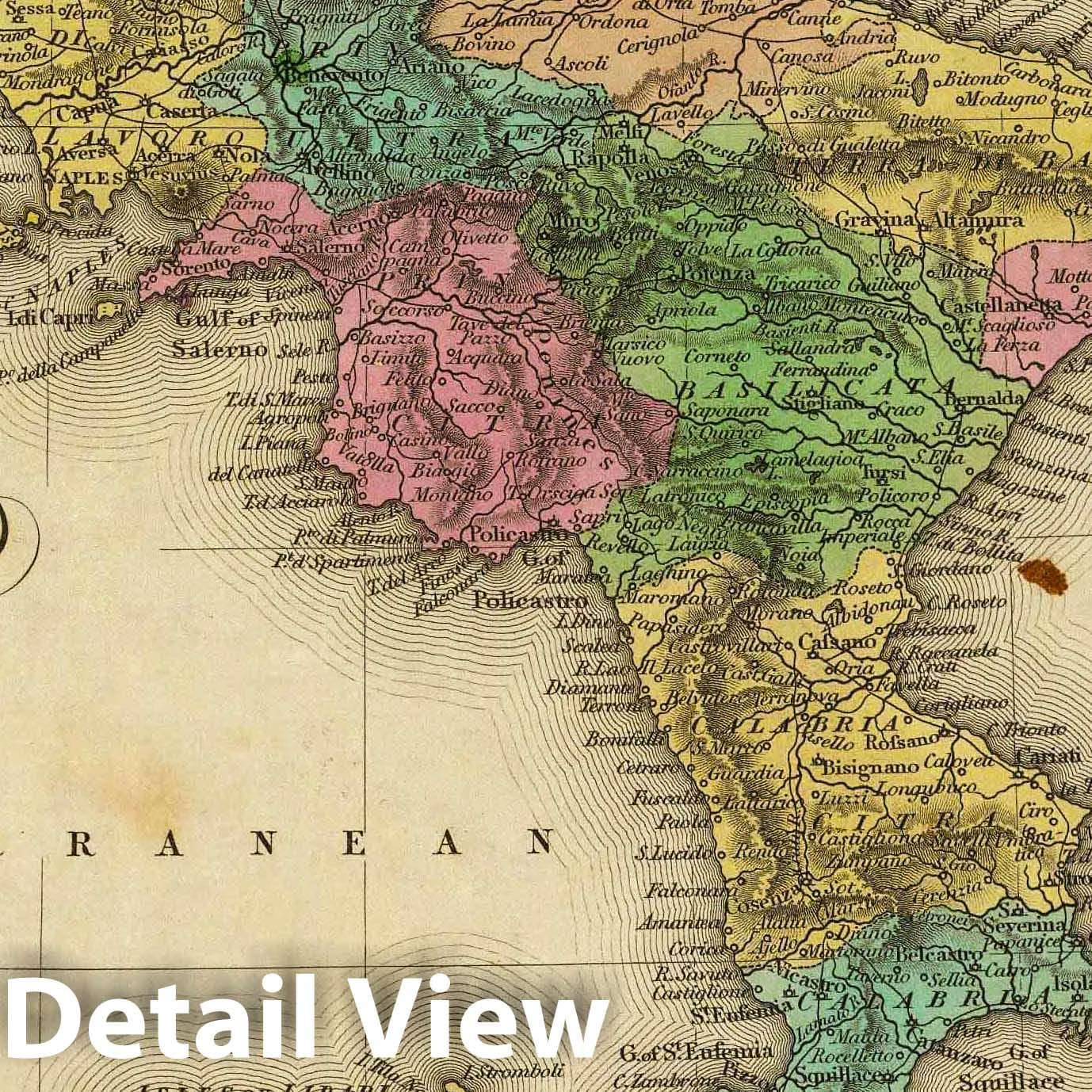 Kingdom of Naples and Two Sicilies with Environs of Naples, 1836 - Historical Map Print