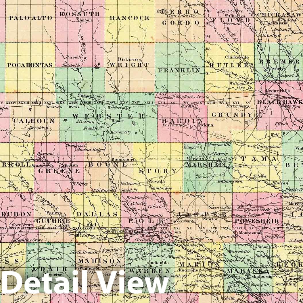 Iowa - Physical Map, 1856 - Colton's Atlas Historical Map Print