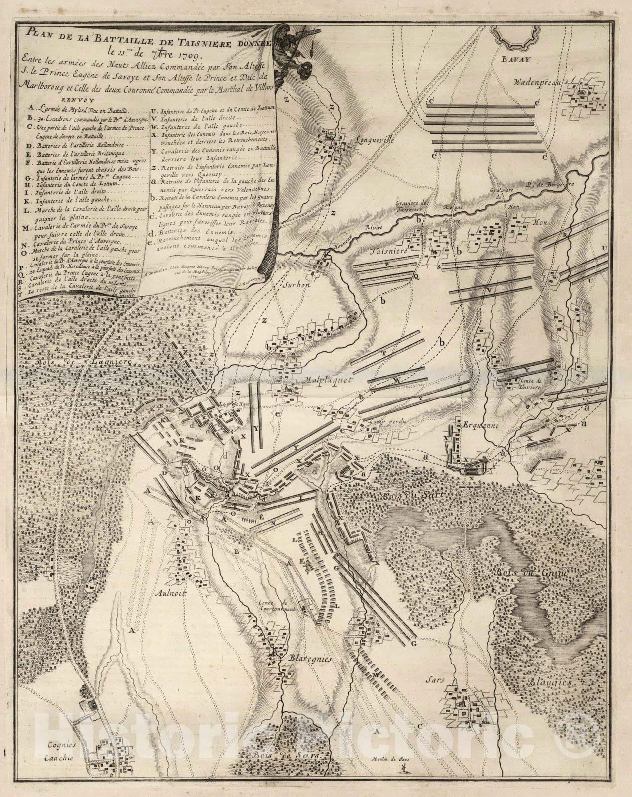 Battle of Taisnieres and Malplaquet, France - Military Map, 1709