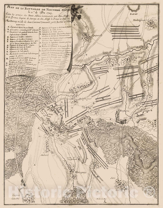 Historic Map : France, 1709 45. La Bataille de Taisnieres ou Malplaquet, France. 1709. , Vintage Wall Art