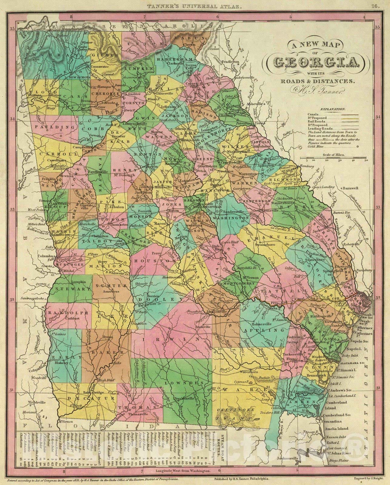 Historic Map : 1836 New Map Of Georgia. - Vintage Wall Art
