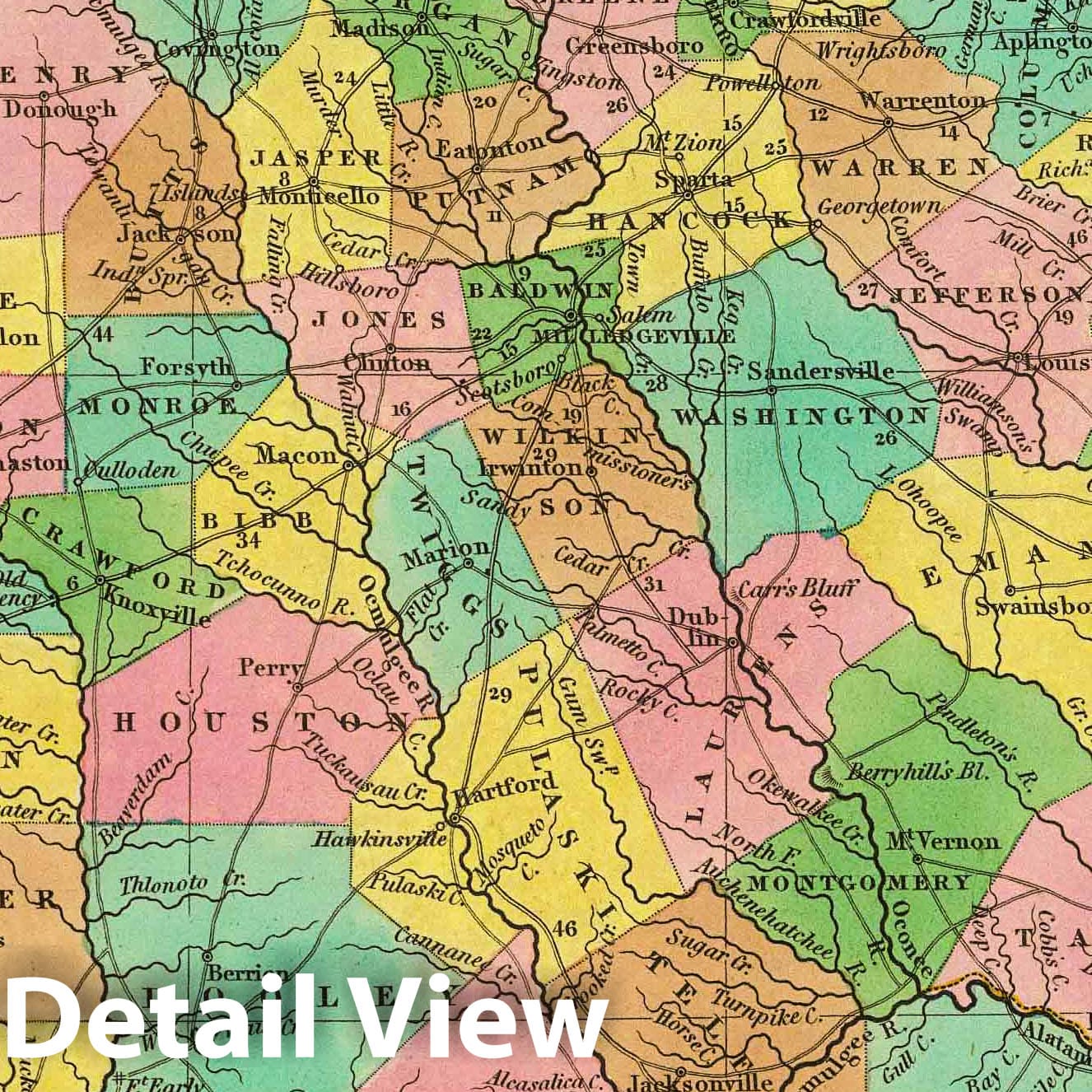 Georgia - Road Map, 1836 - Tanner's Universal Atlas Historical Map Print