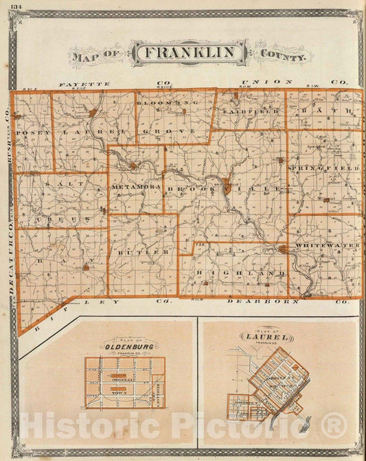 Historic Map : 1876 Map of Franklin County (with) Plan of Oldenburg, Plan of Laurel. - Vintage Wall Art