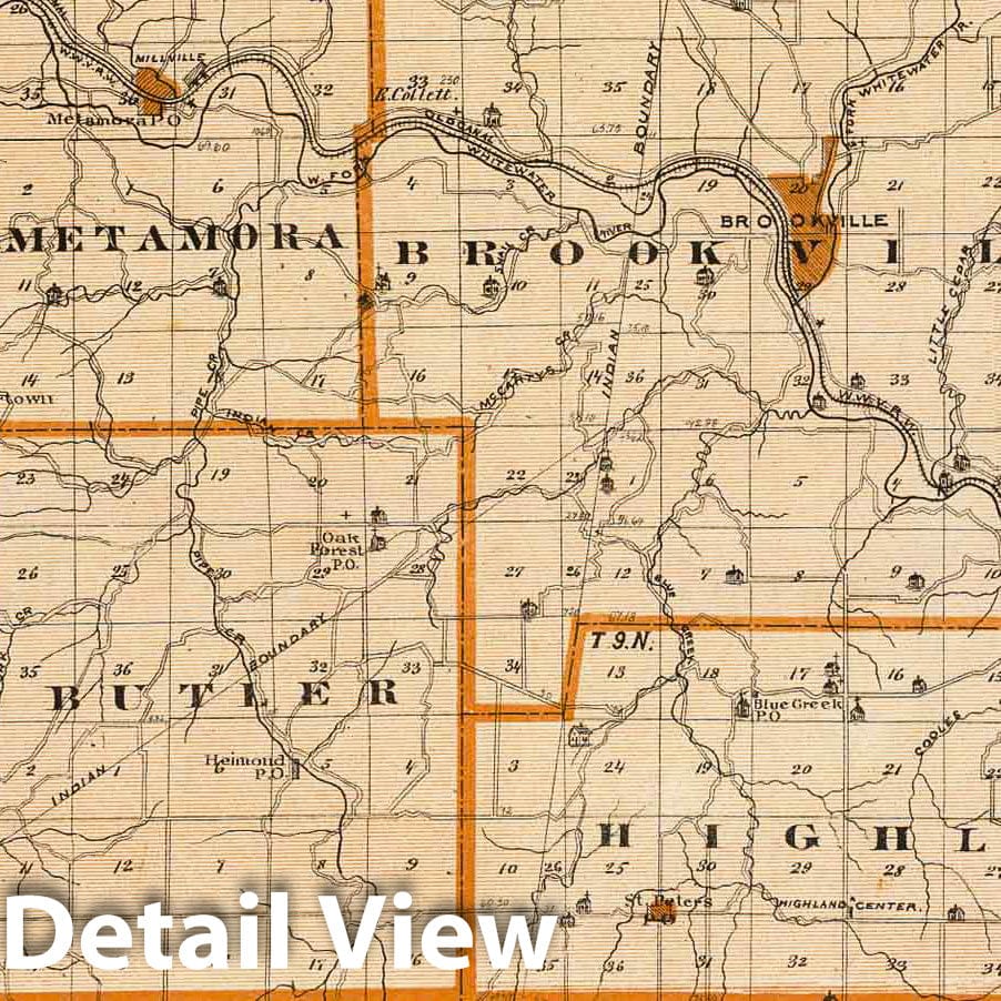 Franklin County, Indiana with Oldenburg and Laurel - Railroad Map, 1876