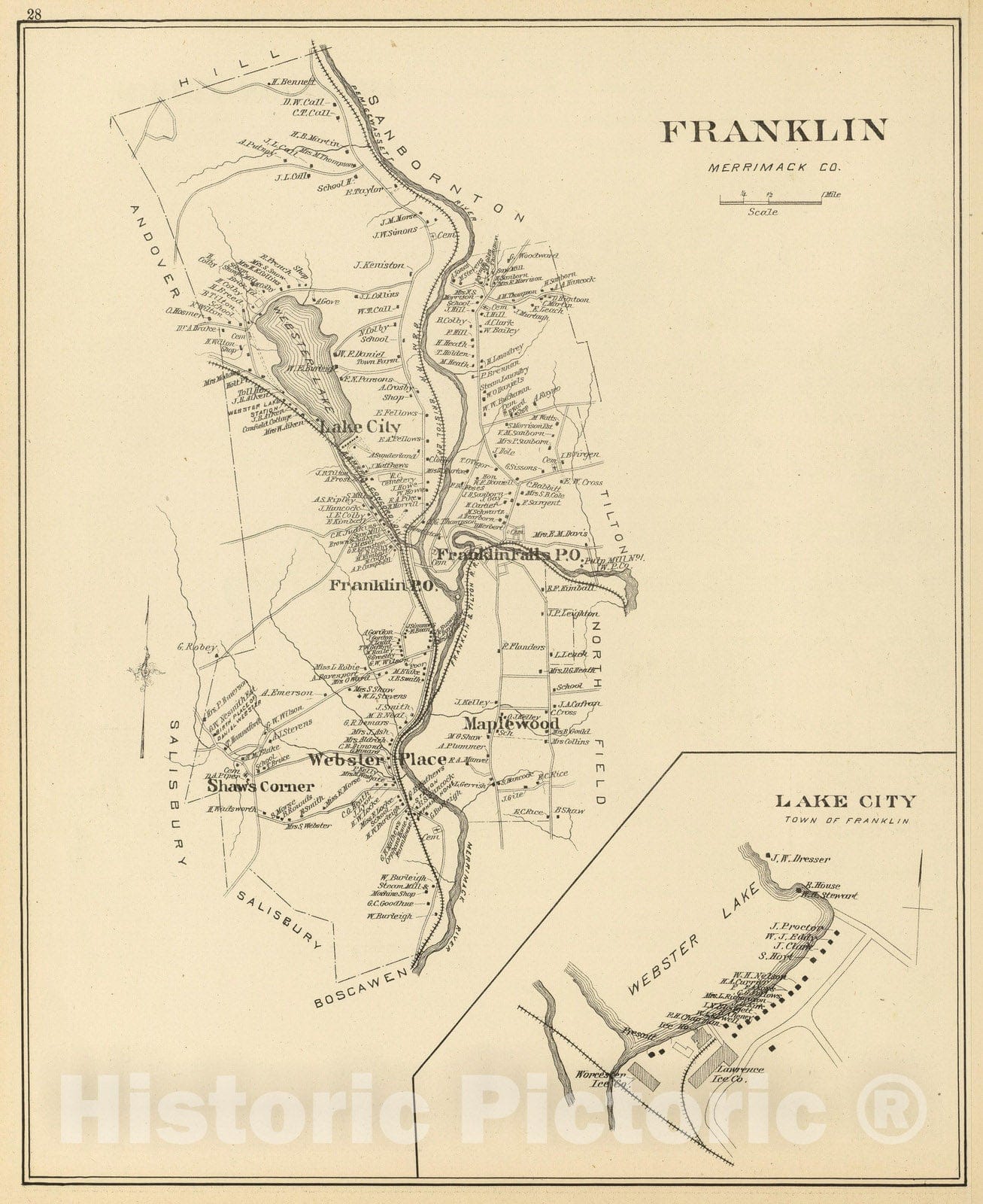 Historic Map : 1892 Franklin, Merrimack Co. - Vintage Wall Art