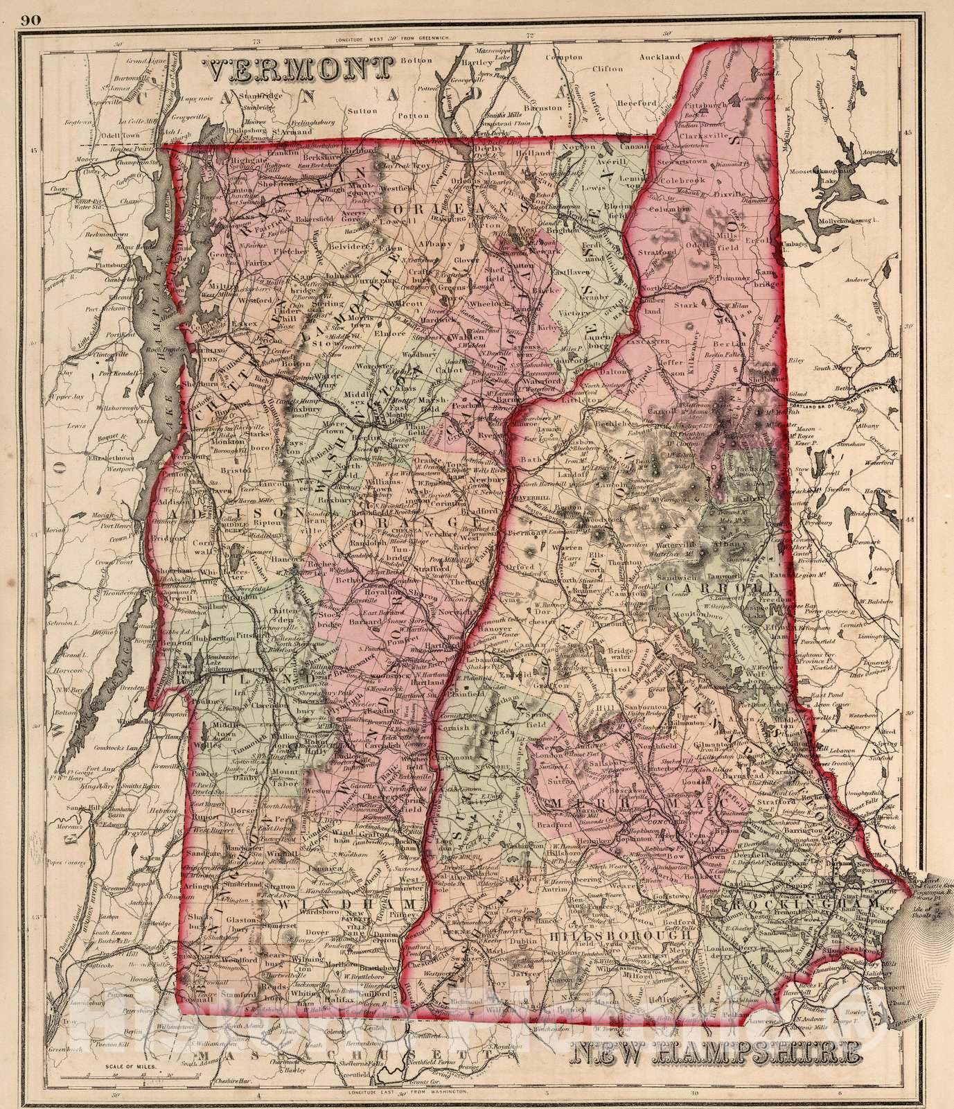 Historic Map : 1873 Vermont- New Hampshire : Vintage Wall Art