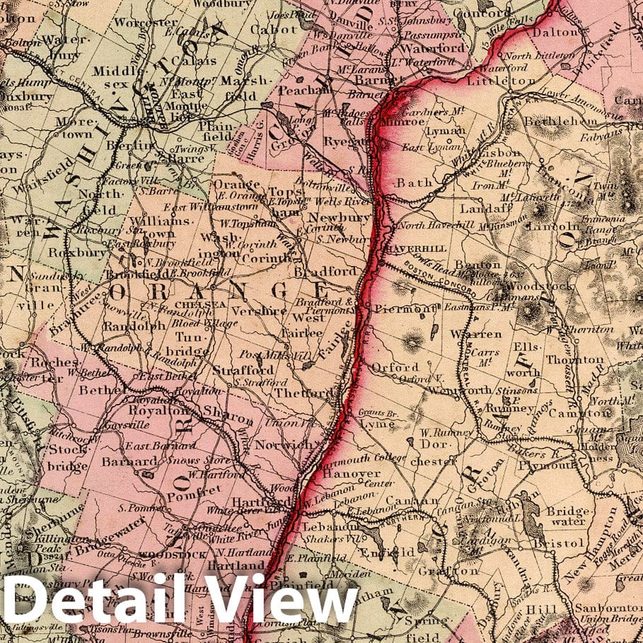 Vermont and New Hampshire - Railroad Map, 1873 - Historical Map Print