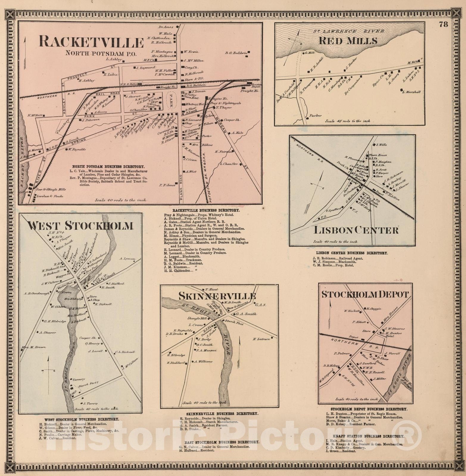 Historic Map : 1865 Norwood. West Stockholm. Red Mills. Lisbon Center. Skinnerville. Stockholm Depot, Saint Lawrence County, New York. - Vintage Wall Art