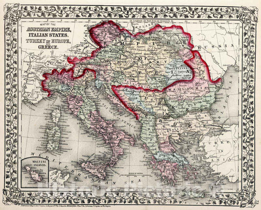 Historic Map : 1874 Map Of The Austrian Empire, Italian States. Turkey In Europe, and Greece - Vintage Wall Art
