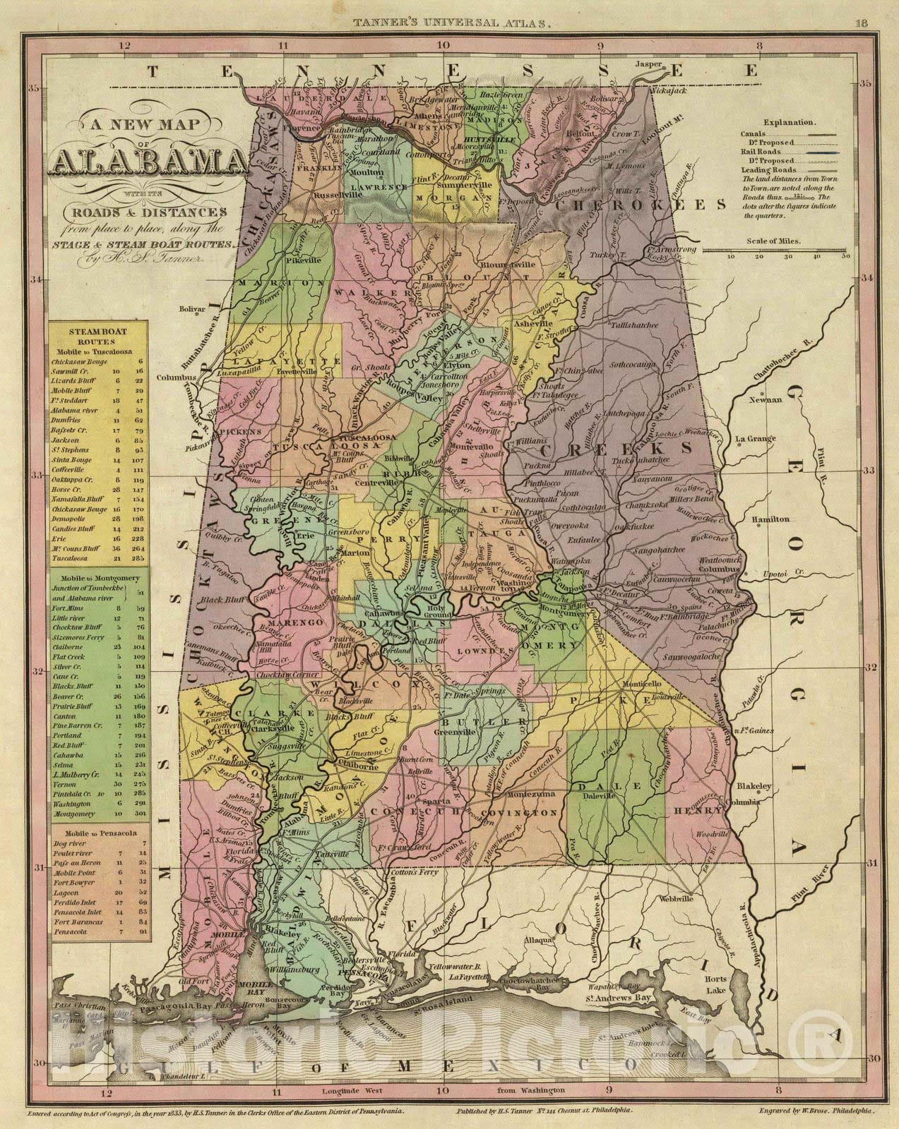 Historic Map : 1836 New Map Of Alabama. - Vintage Wall Art
