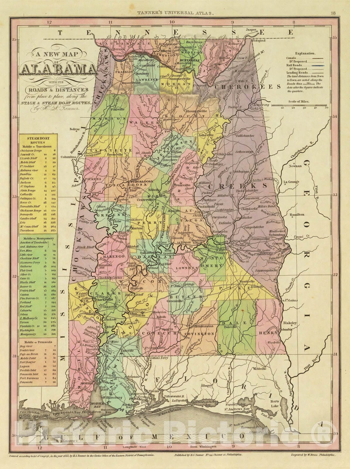 Historic Map : 1836 New Map Of Alabama. - Vintage Wall Art