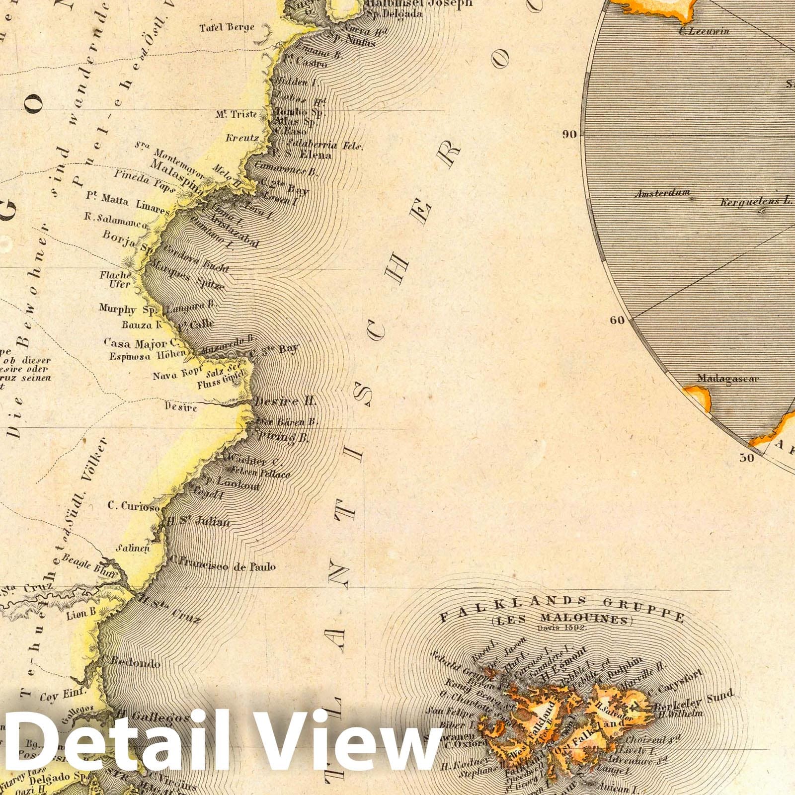 Patagonia, Tierra del Fuego, Falkland Islands & Antarctica - 1844 Historical Map