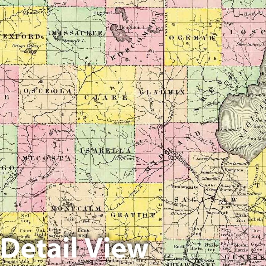 Michigan - Physical Map, 1856 - Colton's Atlas Historical Map Print