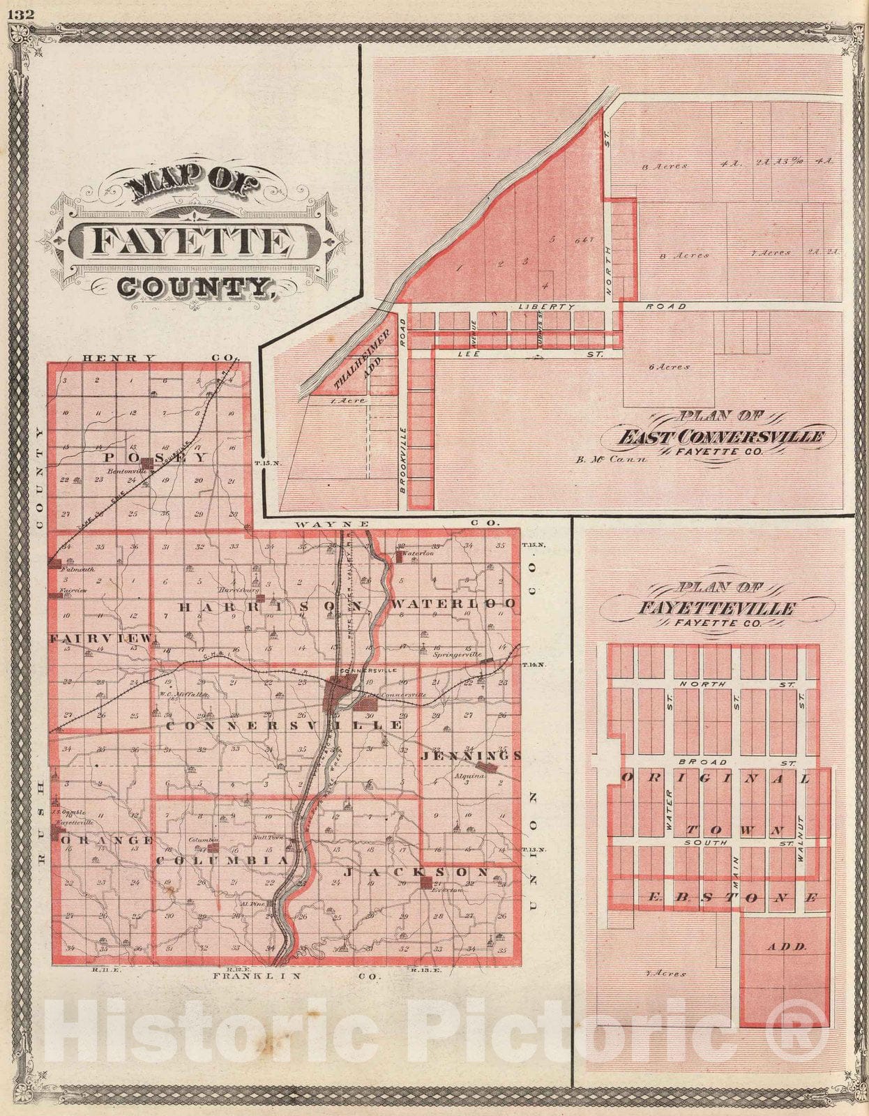 Historic Map : 1876 Map of Fayette County (with) East Connersville, Fayetteville. - Vintage Wall Art