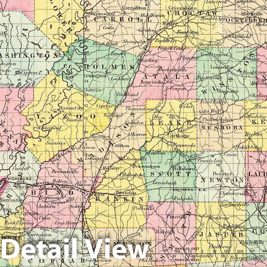 Mississippi - Physical Map, 1856 - Colton's Atlas Historical Map Print