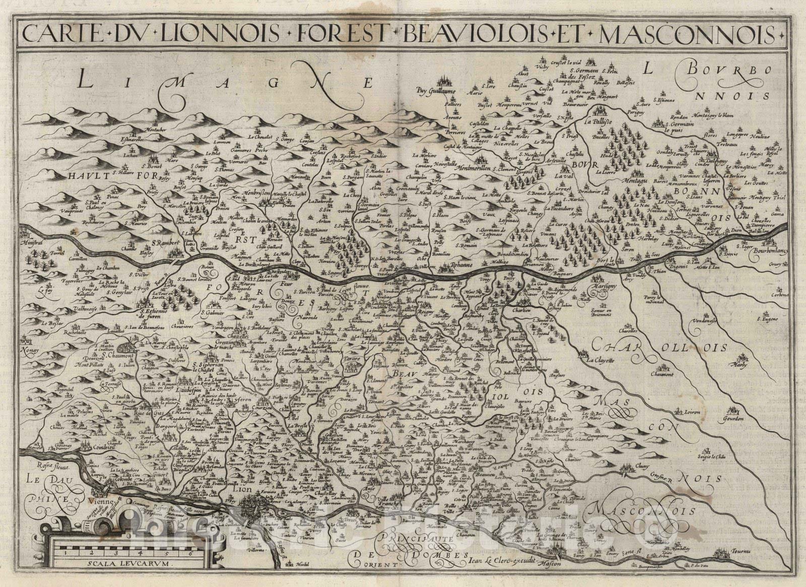Historic Map : Auvergne (France} 1632 Carte du Lionnois Forest Beaviolois et Masconnois. , Vintage Wall Art