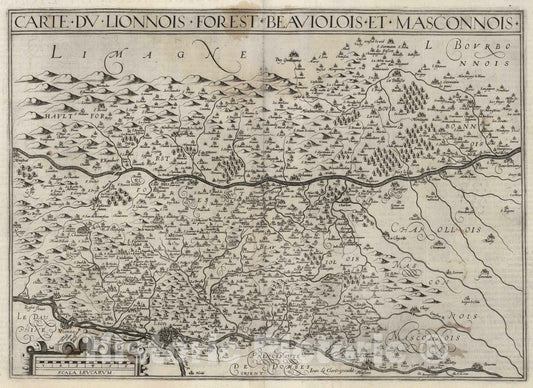 Historic Map : Auvergne (France} 1632 Carte du Lionnois Forest Beaviolois et Masconnois. , Vintage Wall Art