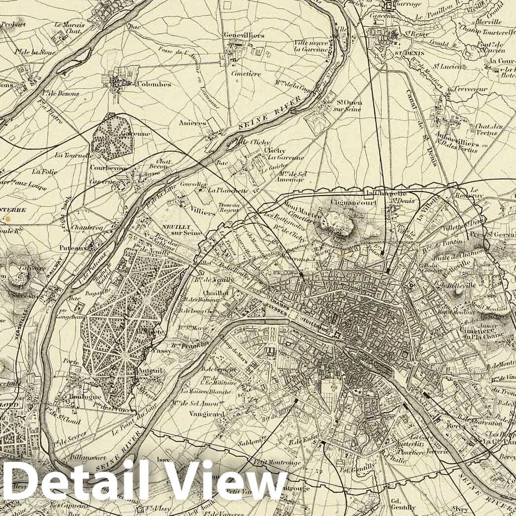 Environs of Paris - Physical Map, 1856 - Historical Map Print
