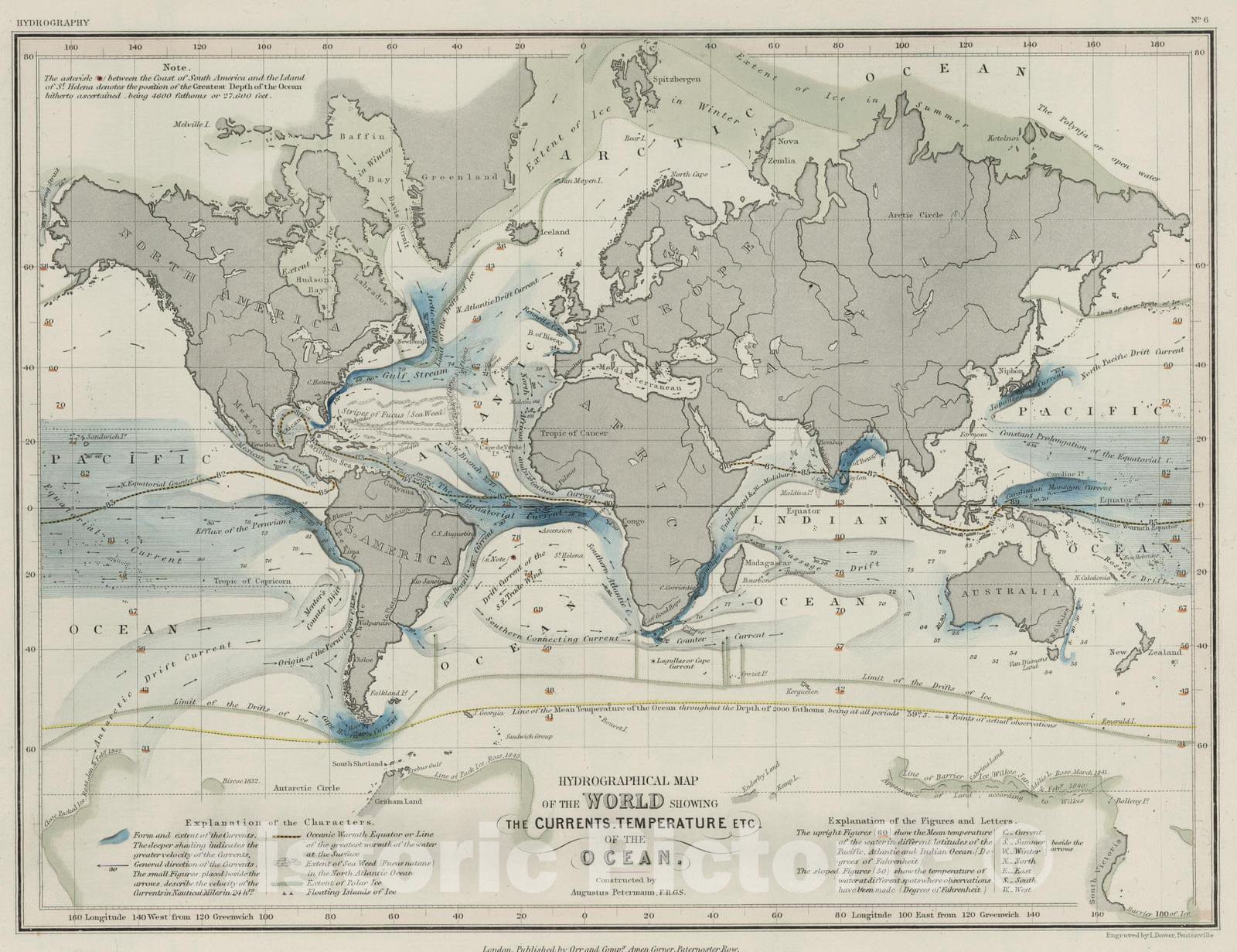 World Hydrographical Map - Physical Map, 1850 - Historical Nautical Print
