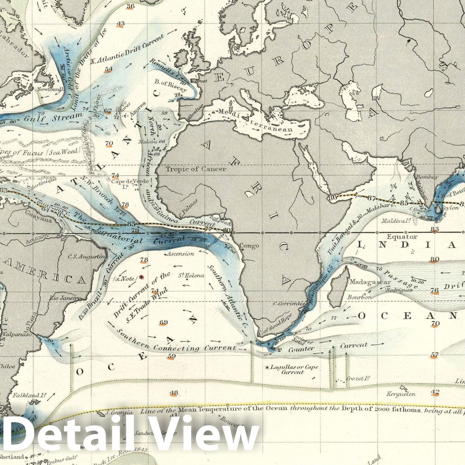 World Hydrographical Map - Physical Map, 1850 - Historical Nautical Print