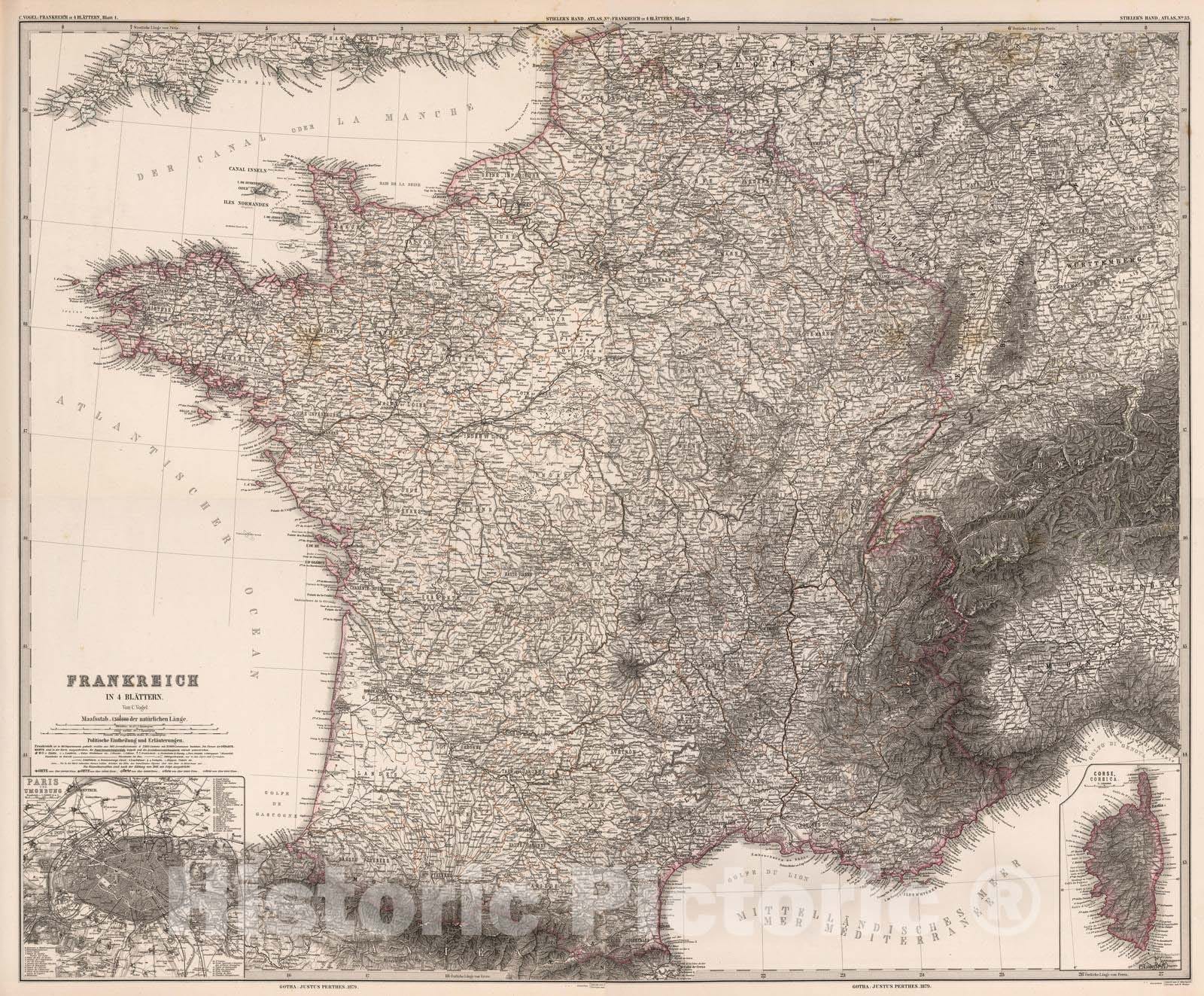 Historic Map : France, 1879 Composite: Frankreich in 4 Blattern, Blatt 4. (France in 4 Sheets). , Vintage Wall Art
