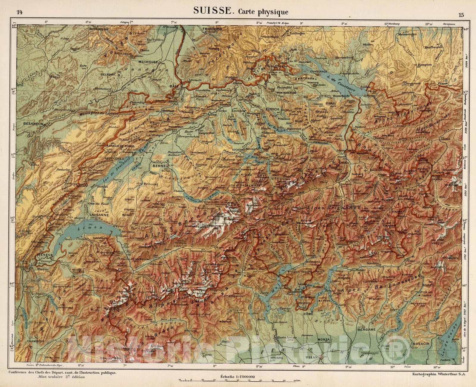 Historic Map : Switzerland, 1921 Suisse. Carte Physique , Vintage Wall Art