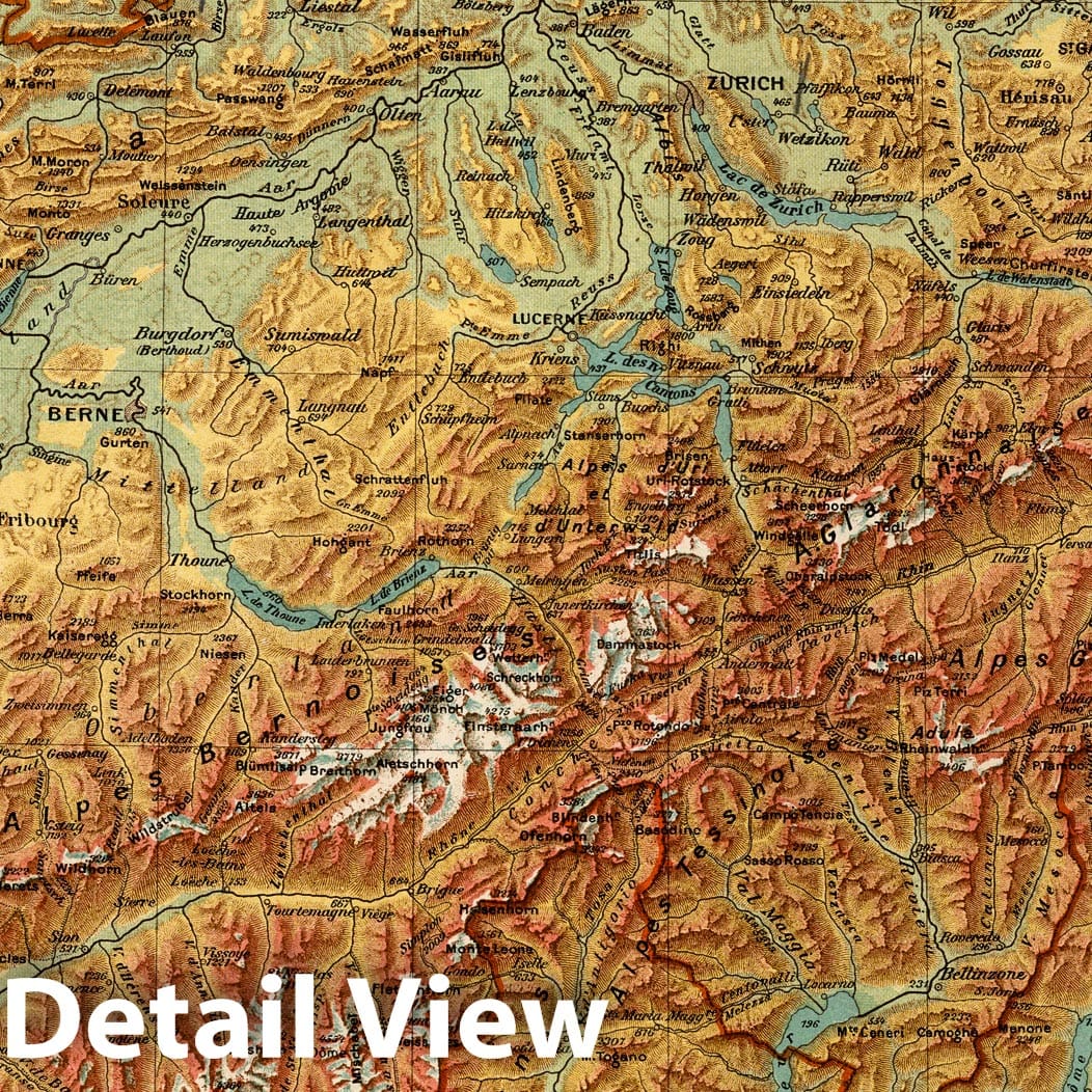Switzerland - Physical Map, 1921 - Historical Map Print