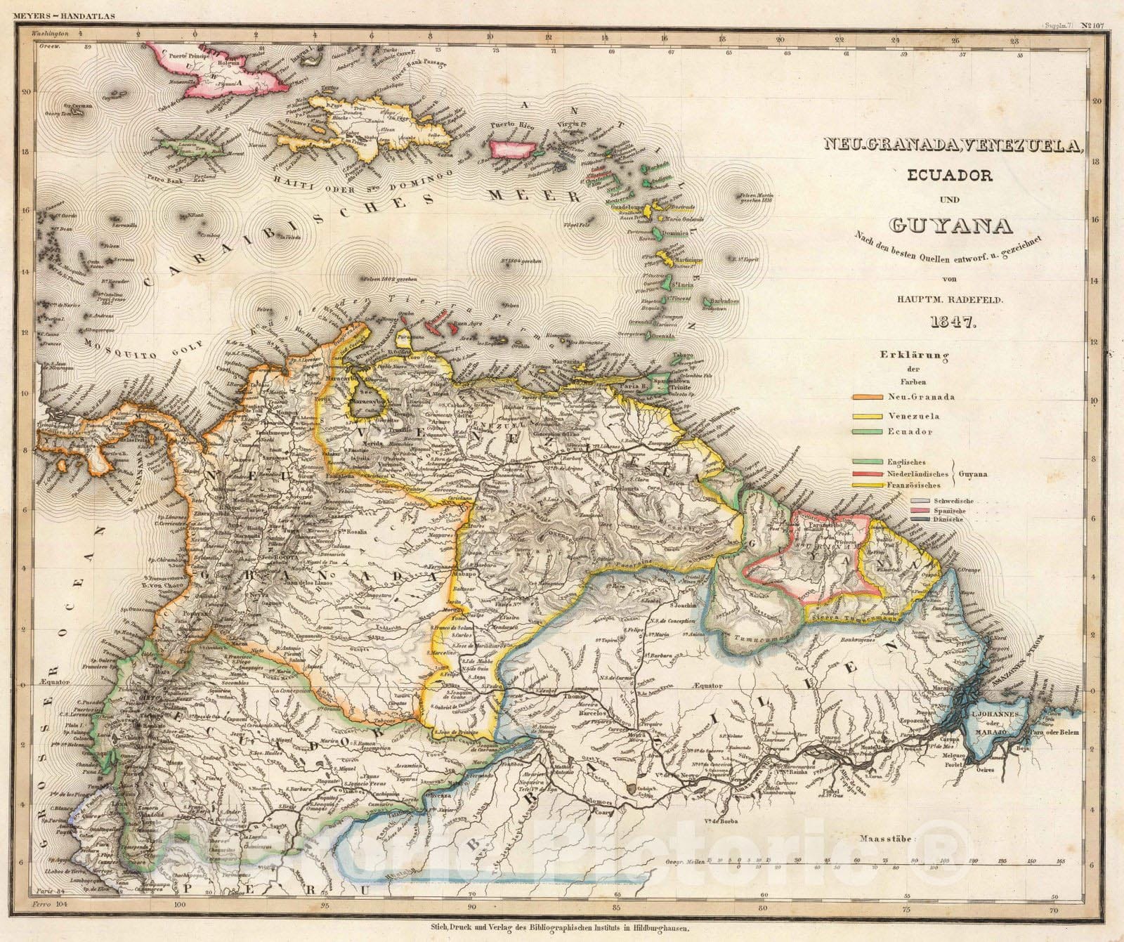 Colombia, Venezuela, Ecuador, and Guyana - Boundary Map, 1847