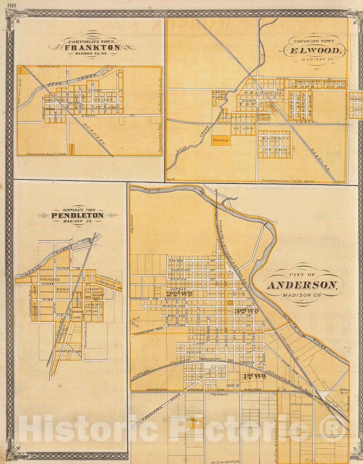 Historic Map : 1876 City of Anderson (with) Frankton, Elwood, Pendleton, Madison Co. - Vintage Wall Art