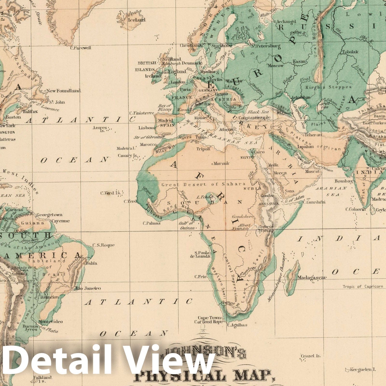 World - Physical Map, 1870 - Johnson's Historical Atlas Print