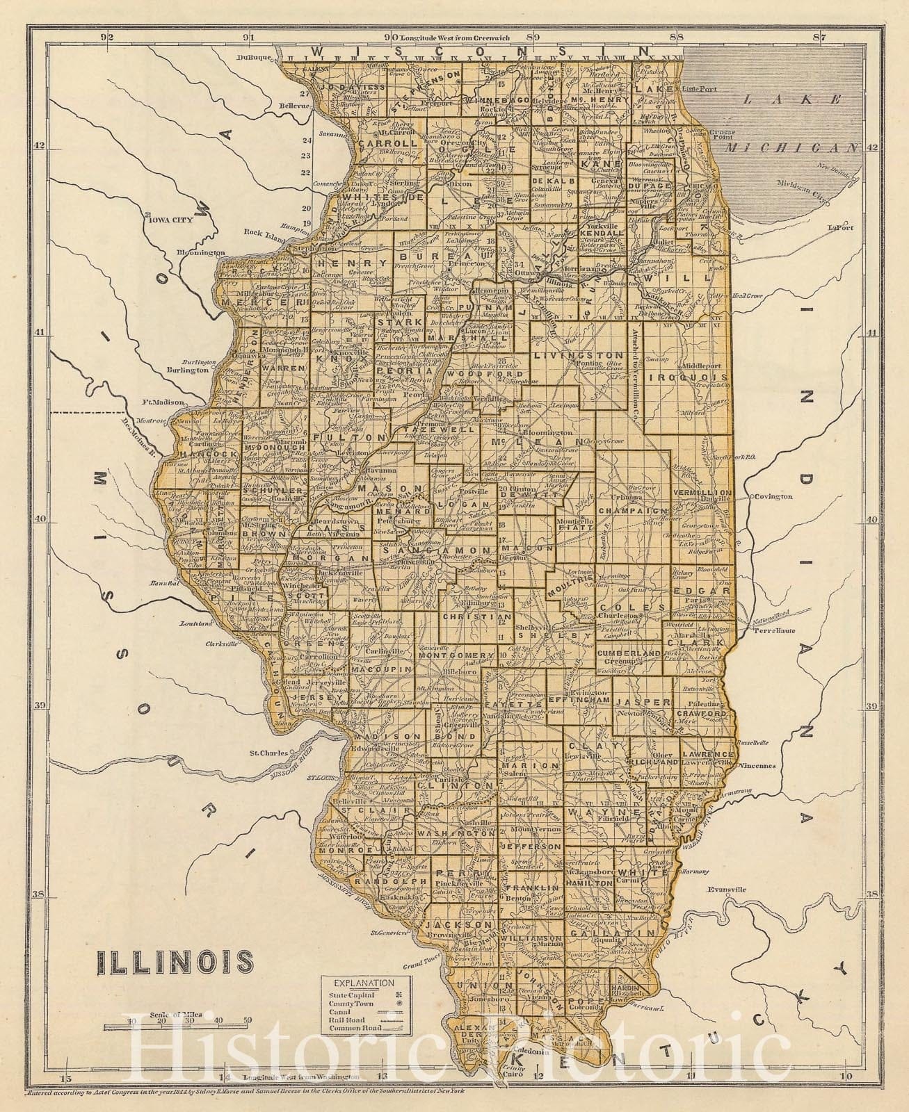 Historic Map : National Atlas - 1845 Illinois. - Vintage Wall Art