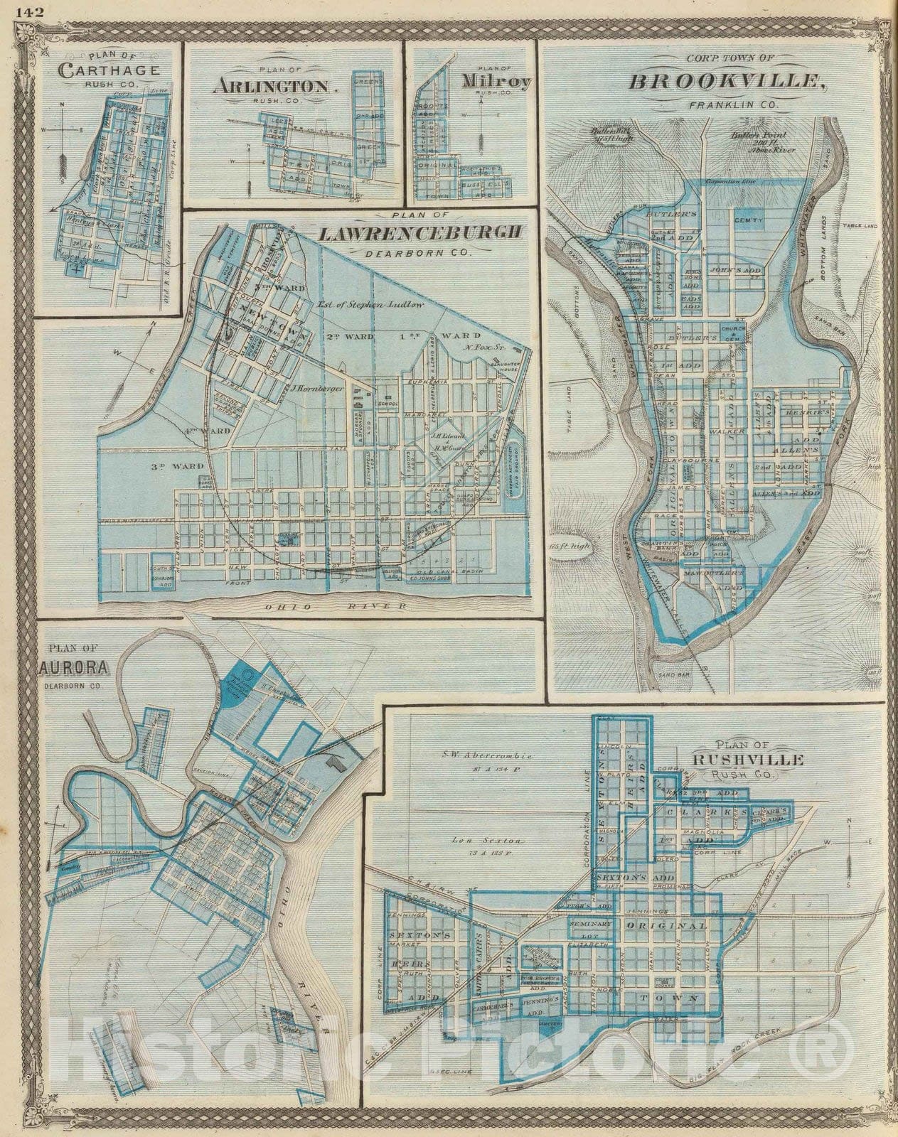 Historic Map : 1876 Plan of Lawrenceburgh, Dearborn Co. (with) Brookville, Aurora, Rushville, Carthage, Arlington, Milroy. - Vintage Wall Art