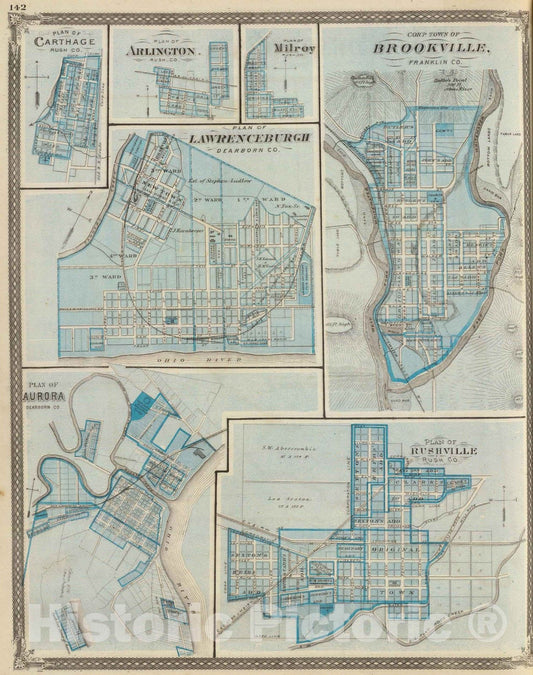 Historic Map : 1876 Plan of Lawrenceburgh, Dearborn Co. (with) Brookville, Aurora, Rushville, Carthage, Arlington, Milroy. - Vintage Wall Art