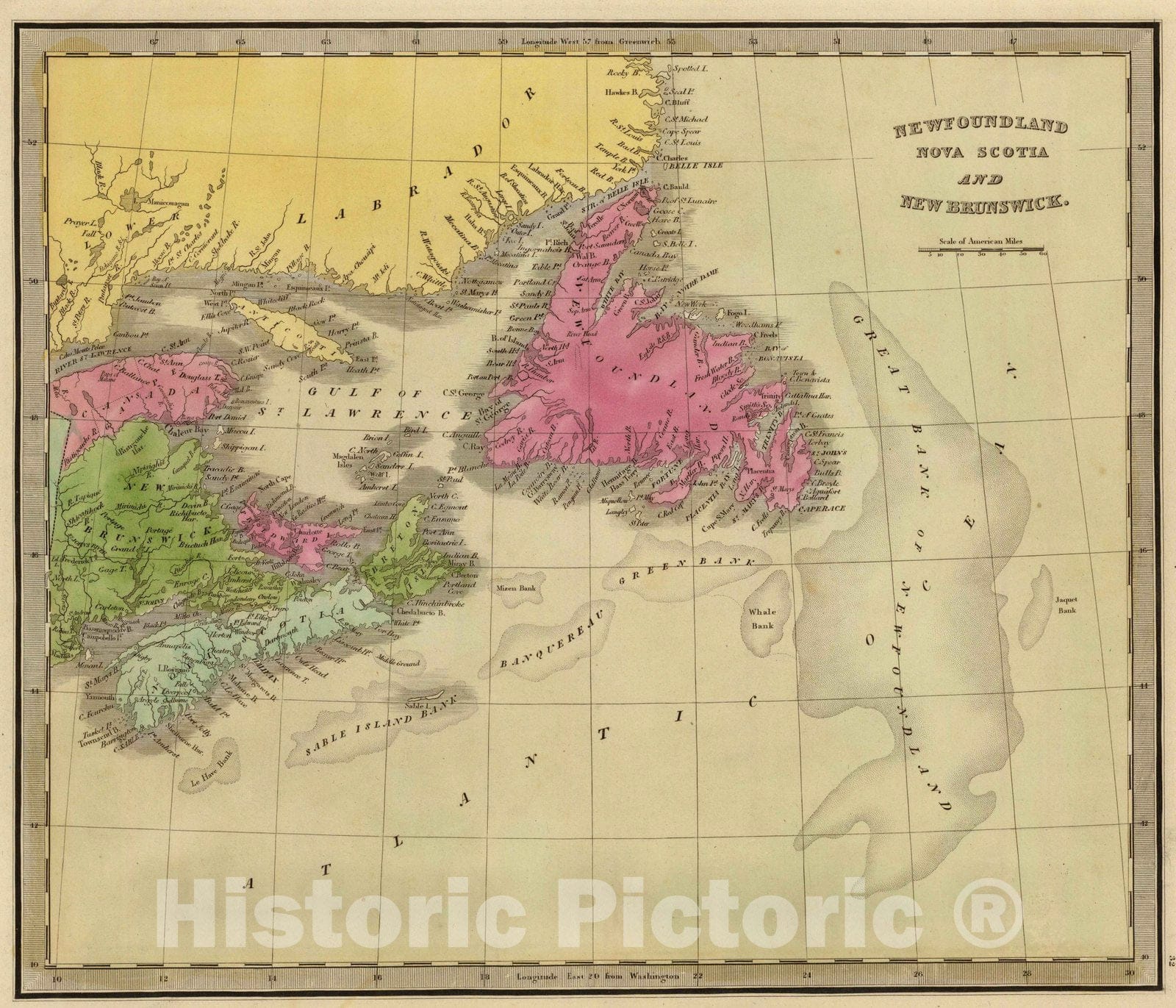 Historic Map : 1840 Newfoundland Nova Scotia And New Brunswick. - Vintage Wall Art