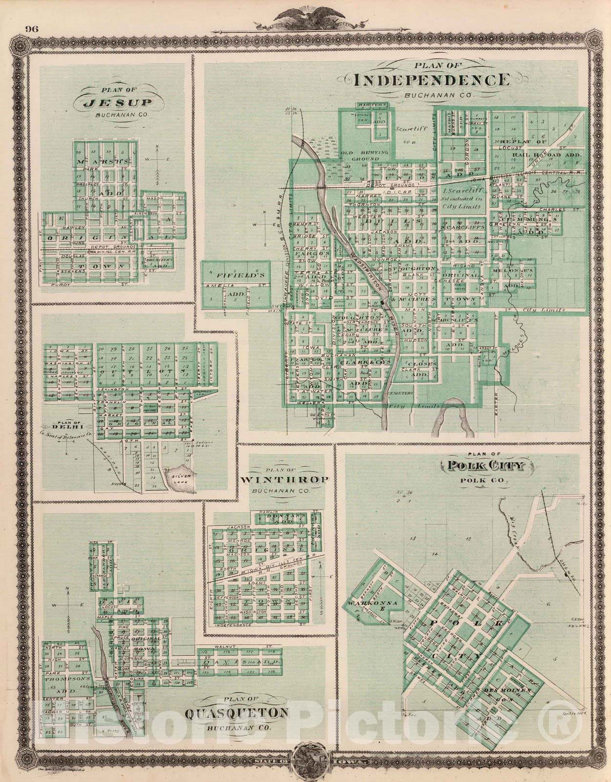 Historic Map : 1875 Plans of Independence, Jesup, Delphi, Winthrop, Polk City and Quasqueton. - Vintage Wall Art