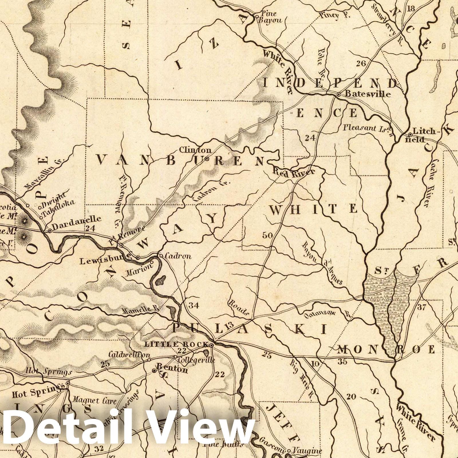 Arkansas - Boundary Map, 1845 - Meyer's Hand-Atlas Historical Map Print