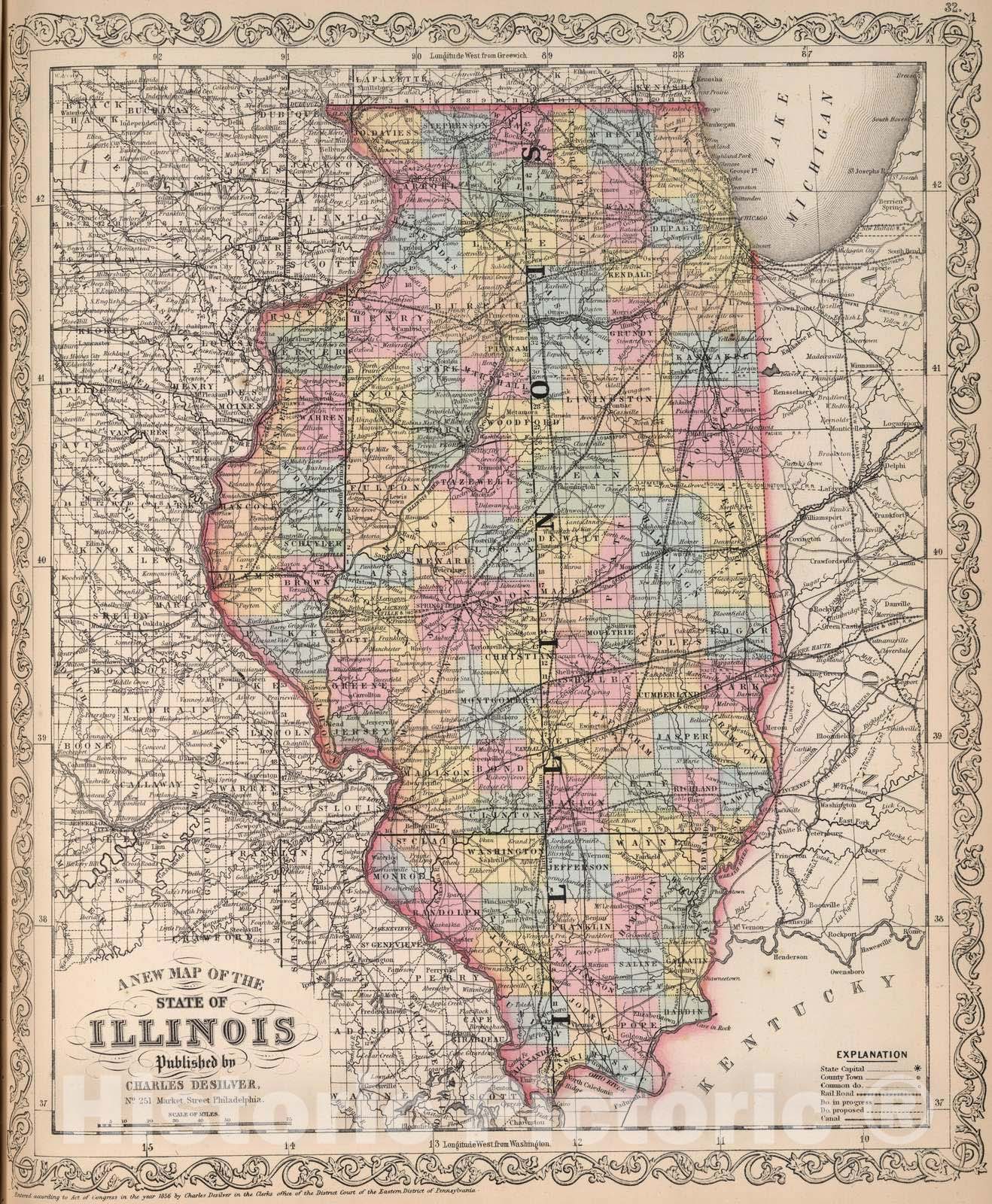 Historic Map : 1857 A New Map of the State of Illinois : Vintage Wall Art