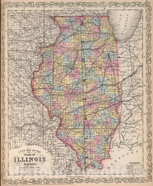 Historic Map : 1857 A New Map of the State of Illinois : Vintage Wall Art