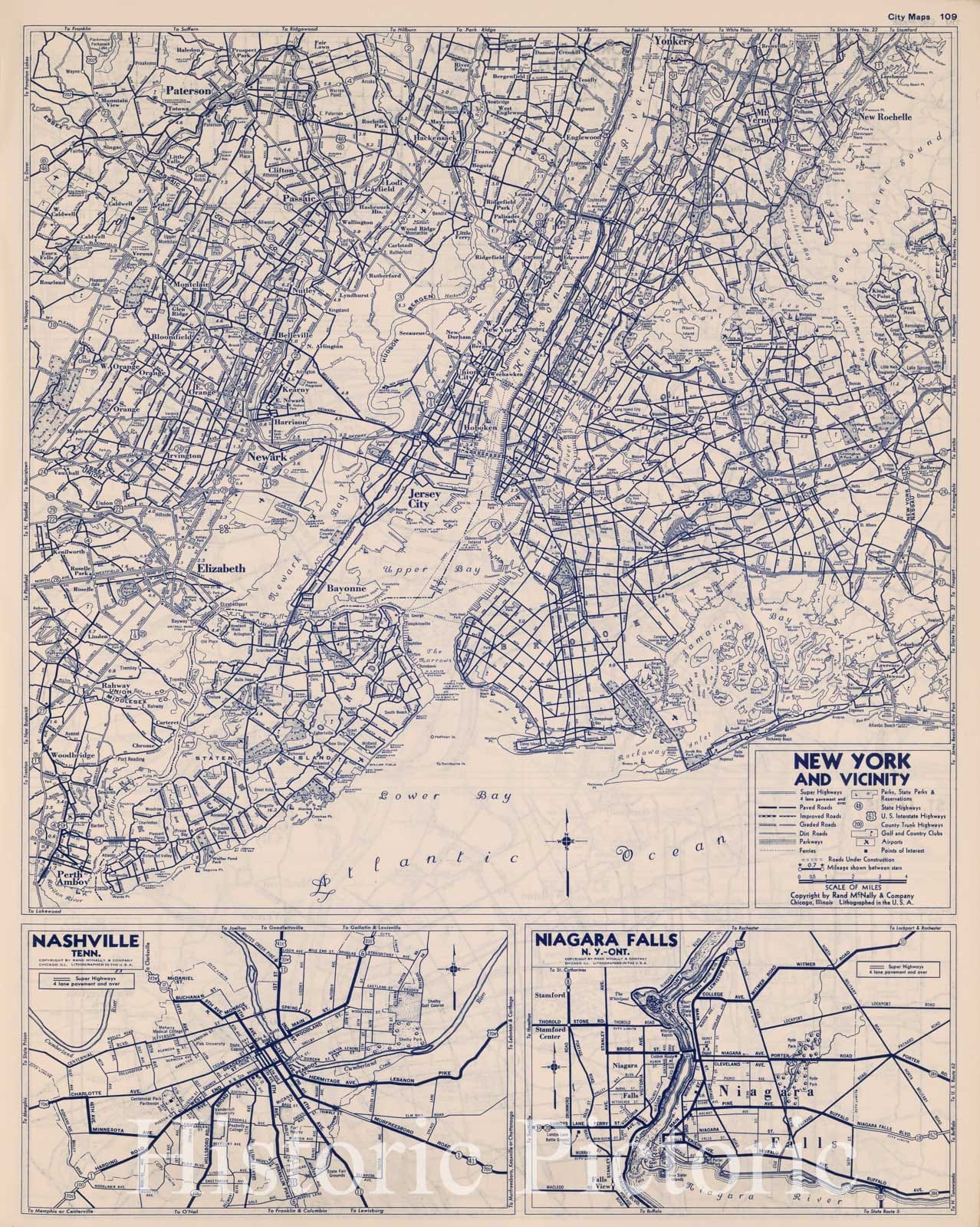 Historic Map : National Atlas - 1940 City Maps. New York and Vicinity - Vintage Wall Art