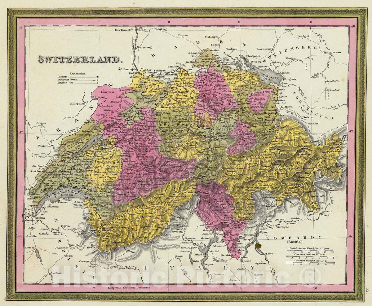 Switzerland, 1846 - Historical Map Print from Mitchell's Universal Atlas